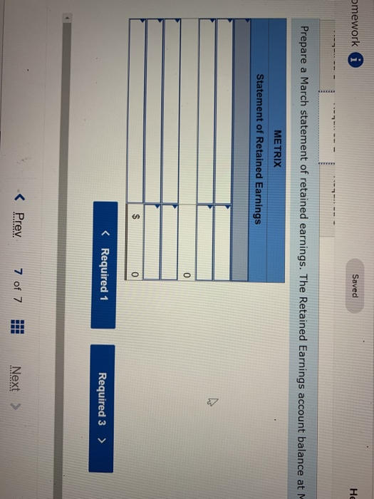on March 1. On March 31, Metrix shows the following selected accounts