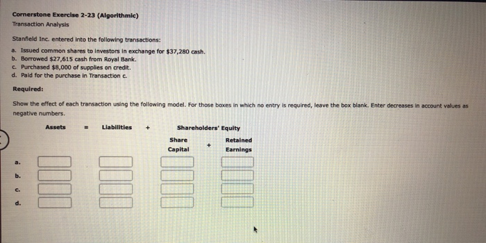  Cornerstone Exercise 2-23 (Algorithmic) Transaction Analysis Stanfield Inc. entered into the