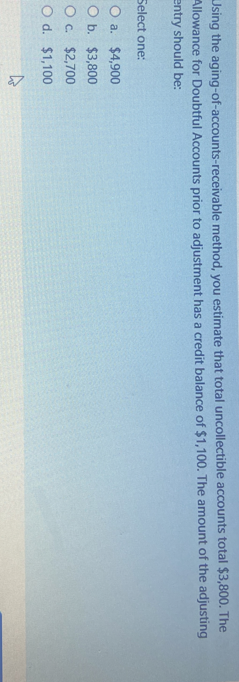  Using the aging-of-accounts-receivable method, you estimate that total uncollectible accounts total