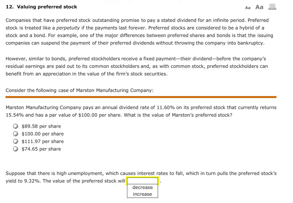 Please show the work 12. Valuing preferred stock Aa Aa Companies that