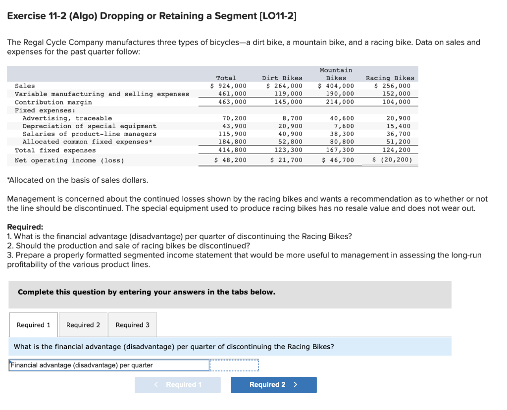  Exercise 11-2 (Algo) Dropping or Retaining a Segment (LO11-2] The Regal