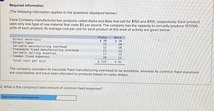 [The following information applies to the questions displayed below] Cane Company manufactures