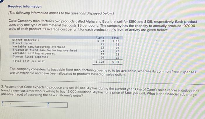two products called Alpha and Beta that sell for $150 and $105,