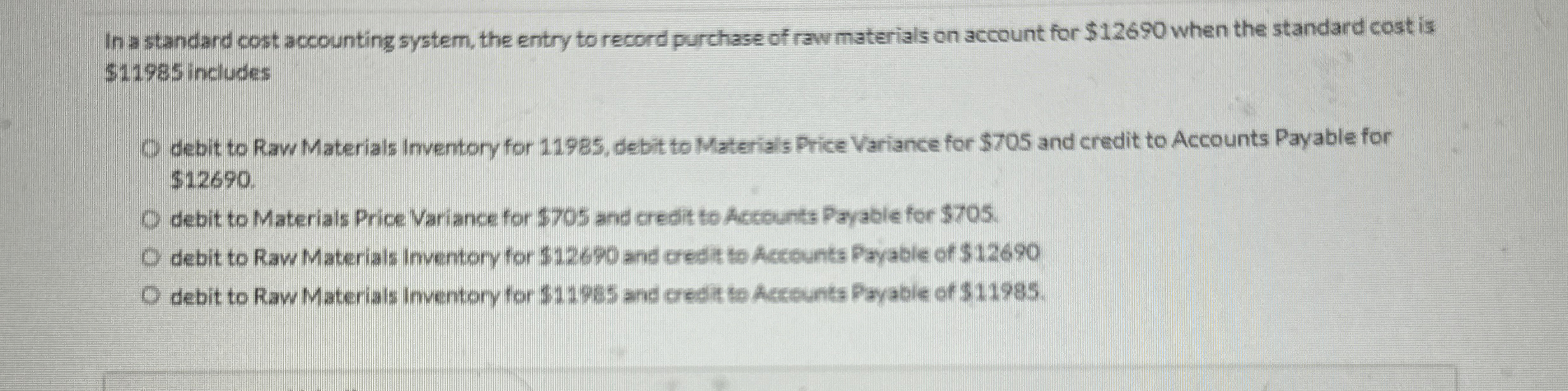  debit to Raw Materials inventory for 11985, debit to Materials Price