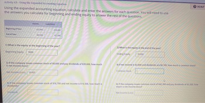  Activity 4b - Using the Expanded Accounting, Equation Using the expanded