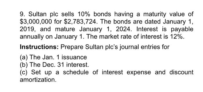  9. Sultan plc sells 10% bonds having a maturity value of