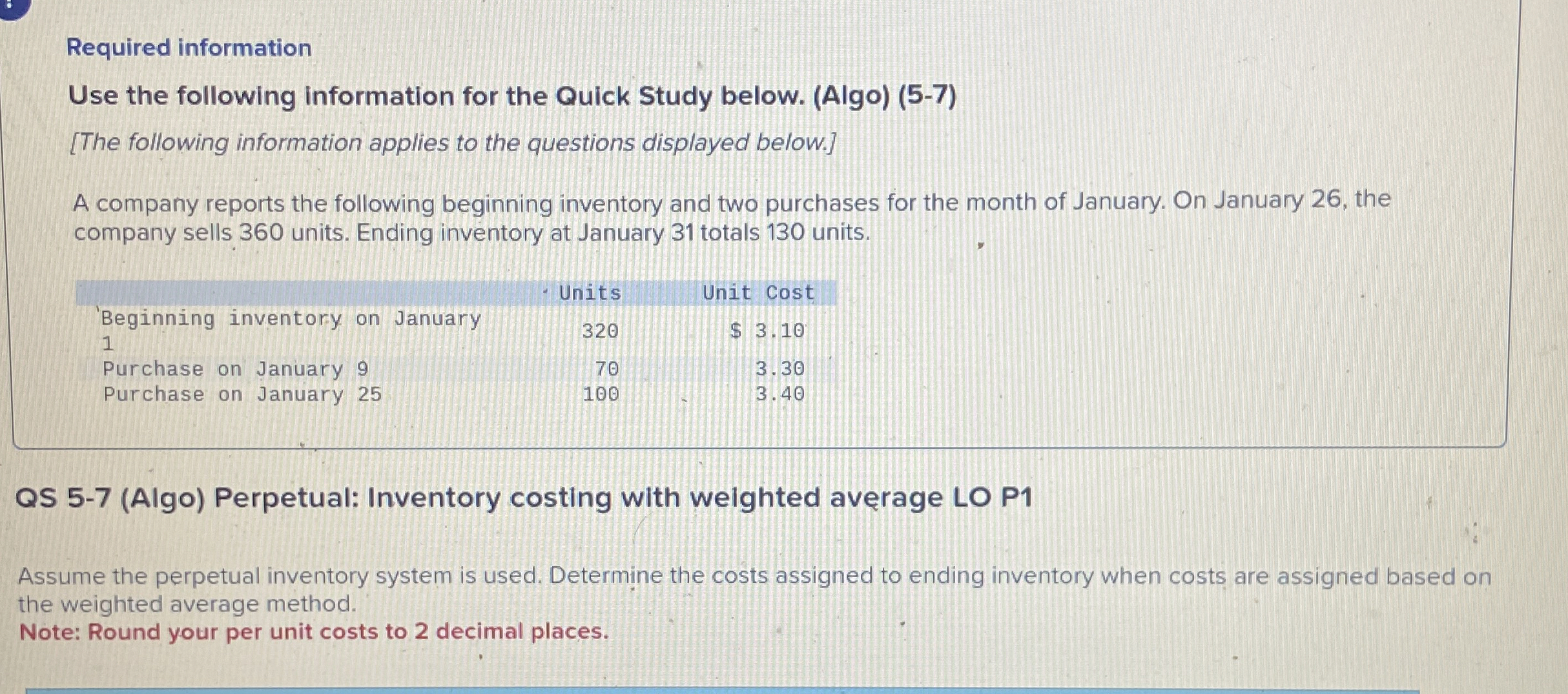  Required information Use the following information for the Quick Study below.