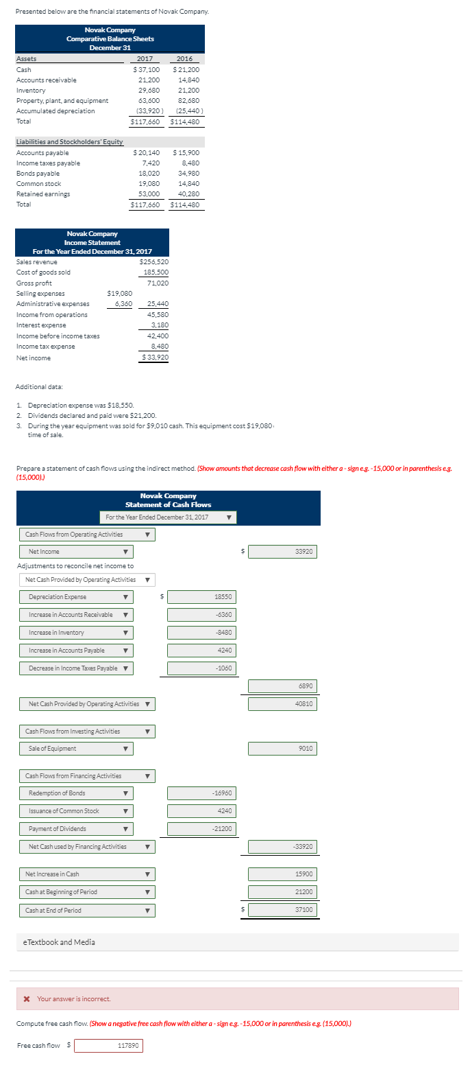  Please solve for free cash flow. Presented below are the financial