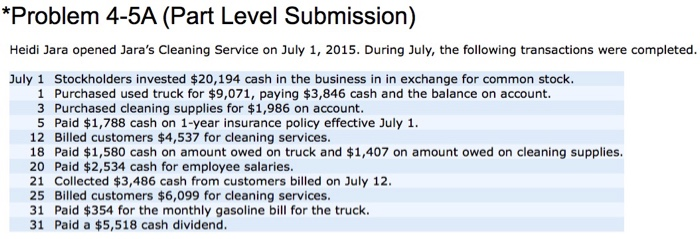  *Problem 4-5A (Part Level Submission) Heidi Jara opened Jara's Cleaning Service