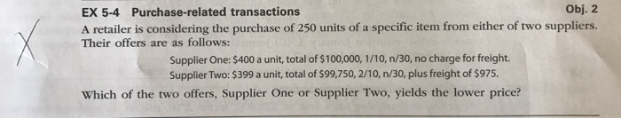  EX 5-4 Purchase-related transactions Obj. 2 A retailer is considering the