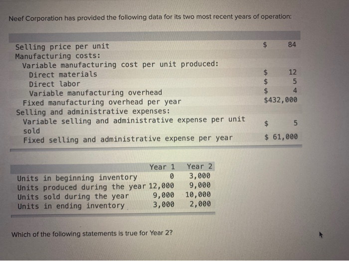  Neef Corporation has provided the following data for its two most