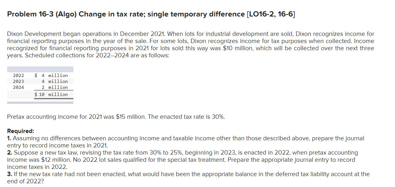 Problem 16-3 (Algo) Change in tax rate; single temporary difference (L016-2,