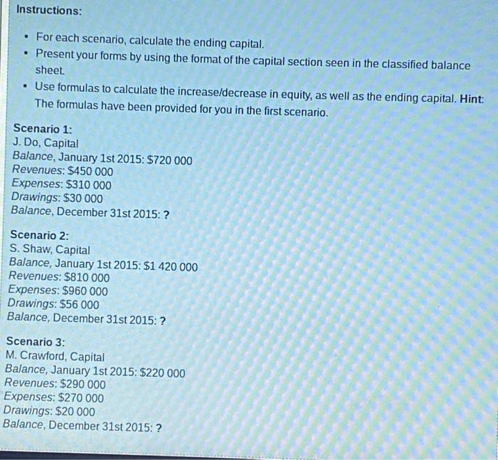  Instructions: . For each scenario, calculate the ending capital. Present your