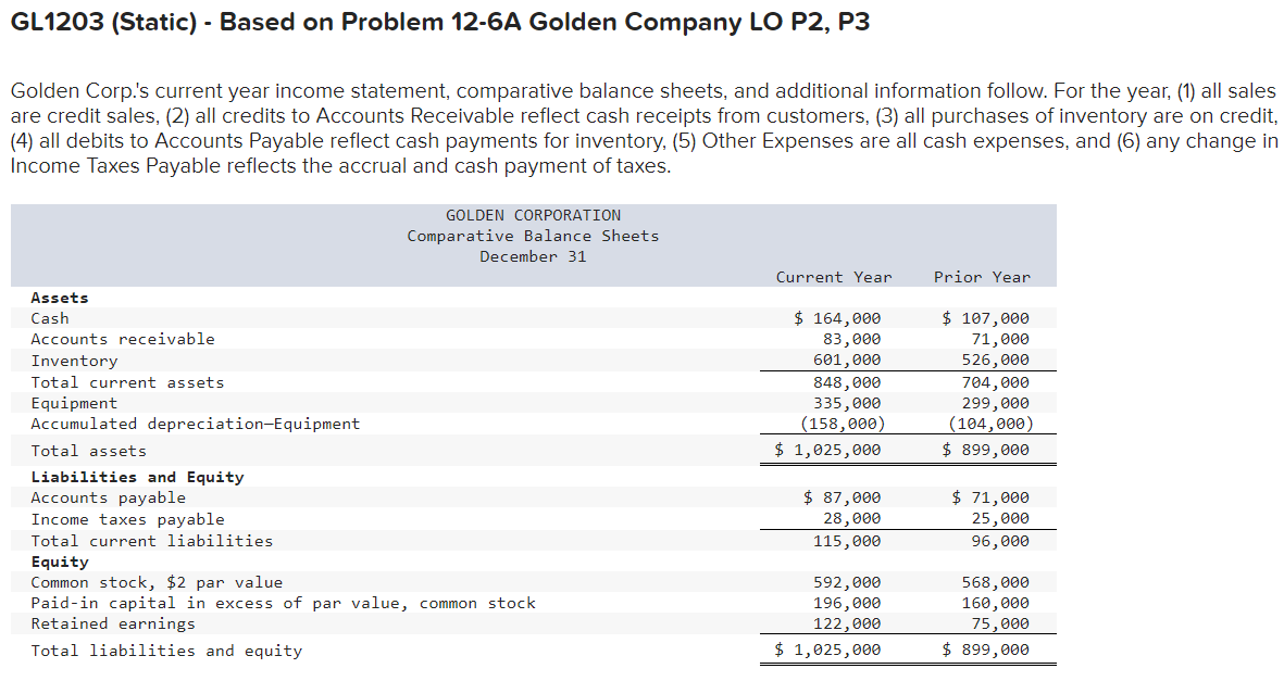  GL1203 (Static) - Based on Problem 12-6A Golden Company LO P2,