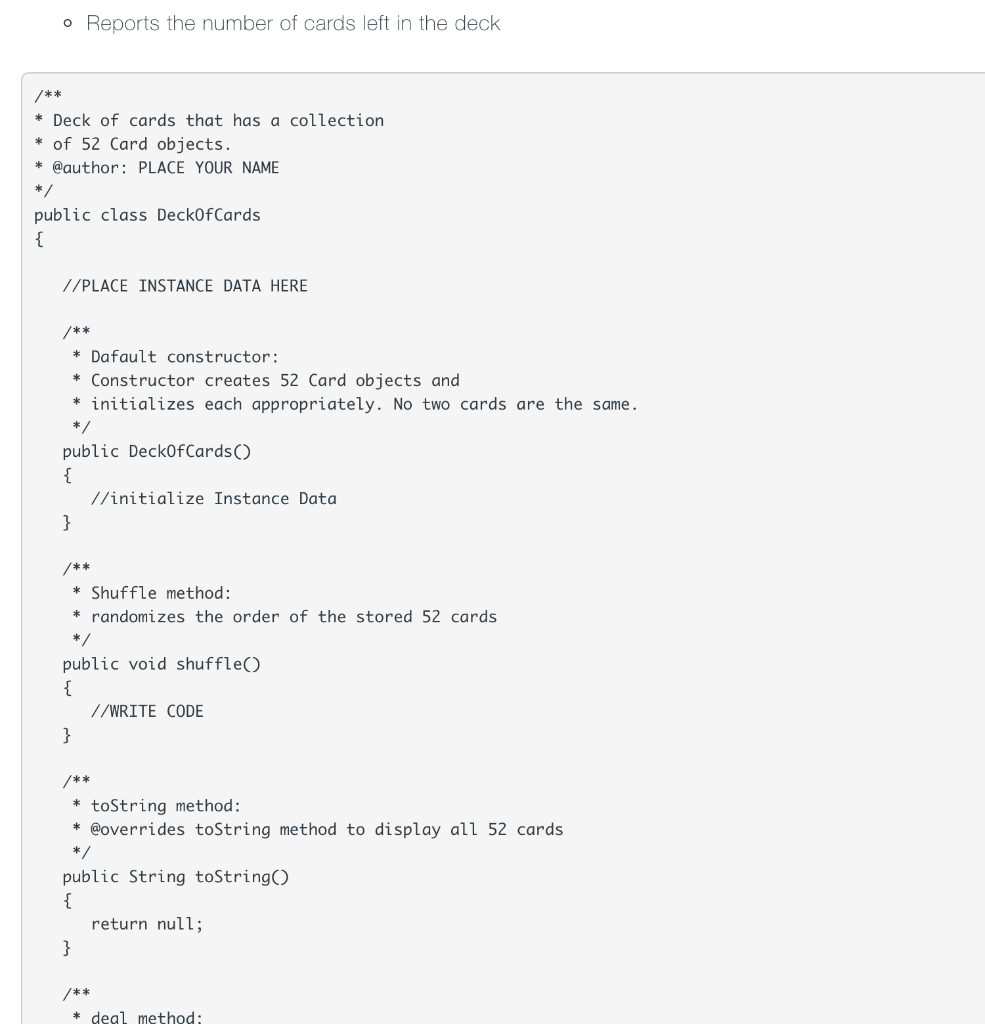 starter code give. Thanks! Create a Card class that represents a playing