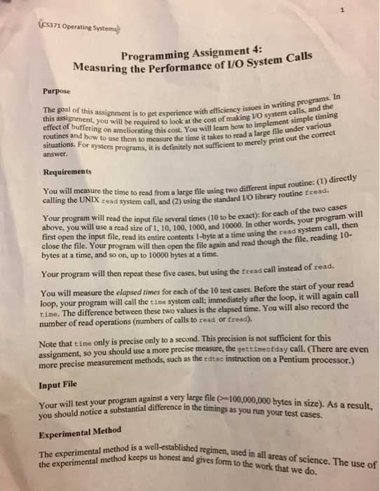  S371 Operating Systems) Programming Assignment 4: uring the Performance of VO