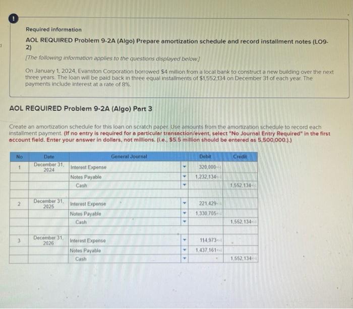  Required information AOL REQUIRED Problem 9.2A (Algo) Prepare amortization schedule and