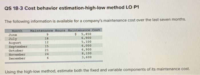  3 QS 18-3 Cost behavior estimation-high-low method LO P1 The following
