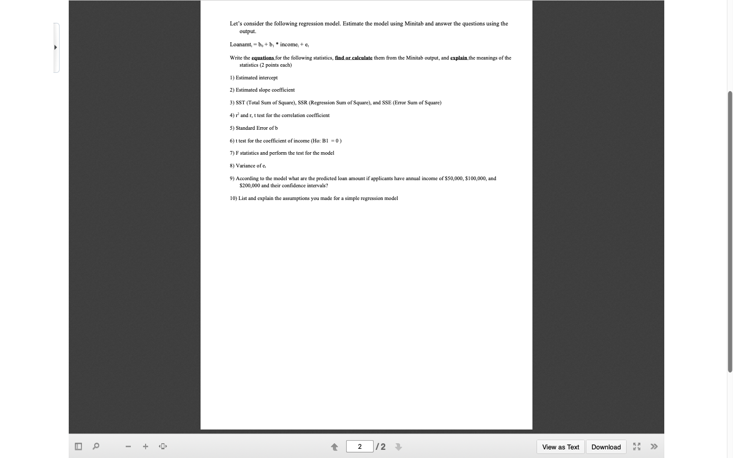  Let's consider the following regression model. Estimate the model using Minitab