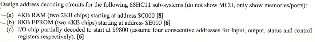 Design address decoding circuits for the following 68HC11 sub-systems (do not