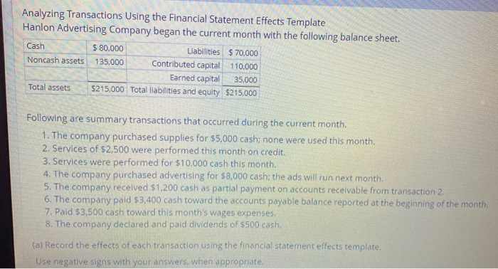  Analyzing Transactions Using the Financial Statement Effects Template Hanlon Advertising Company