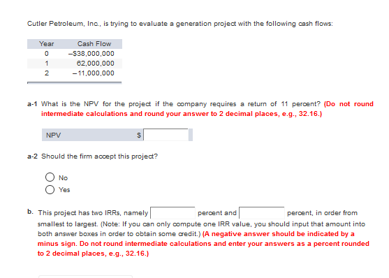  Cutler Petroleum. Inc., is trying to evaluate a generation project with