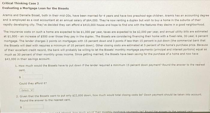  Critical Thinking Case 2 Evaluating a Mortgage Loan for the Bissets