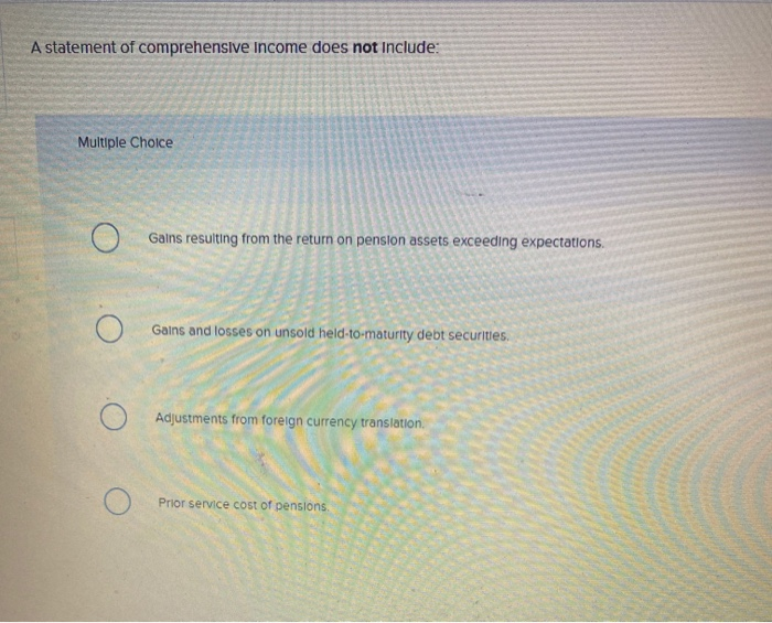  A statement of comprehensive Income does not include: Multiple Choice Gains