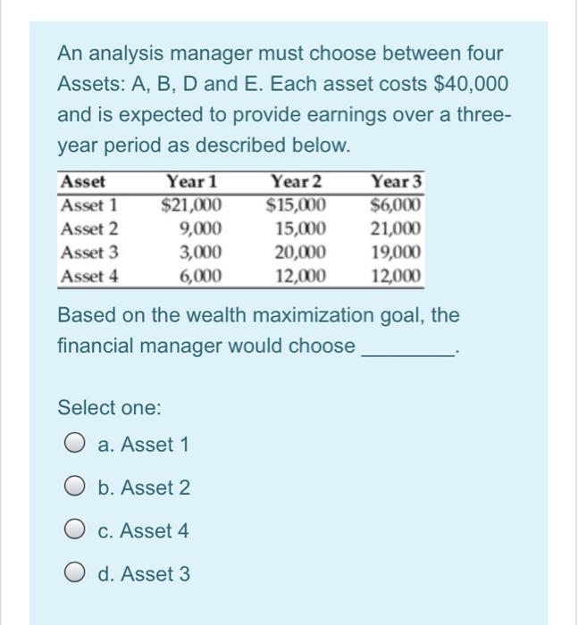  help me quicklyy please An analysis manager must choose between four