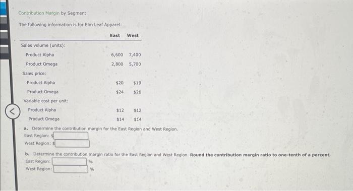  Contribution Margin by Segment The following information is for Elm Leaf