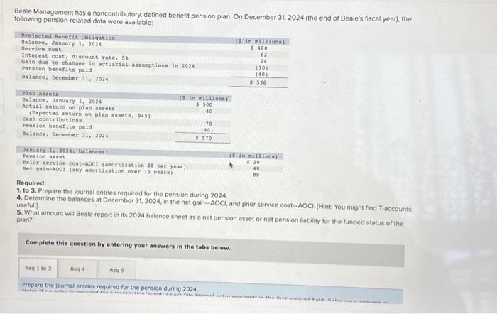  Beale Management has a noncontributory, defined benefit pension plan. On December