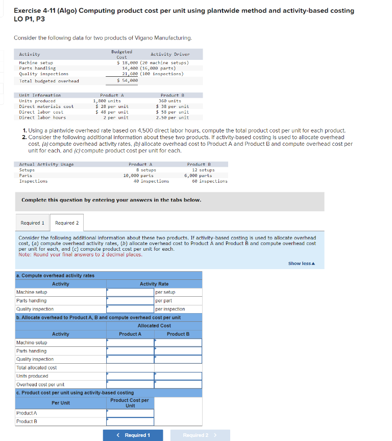  Exercise 4-11(Algo) Computing product cost per unit using plantwide method and