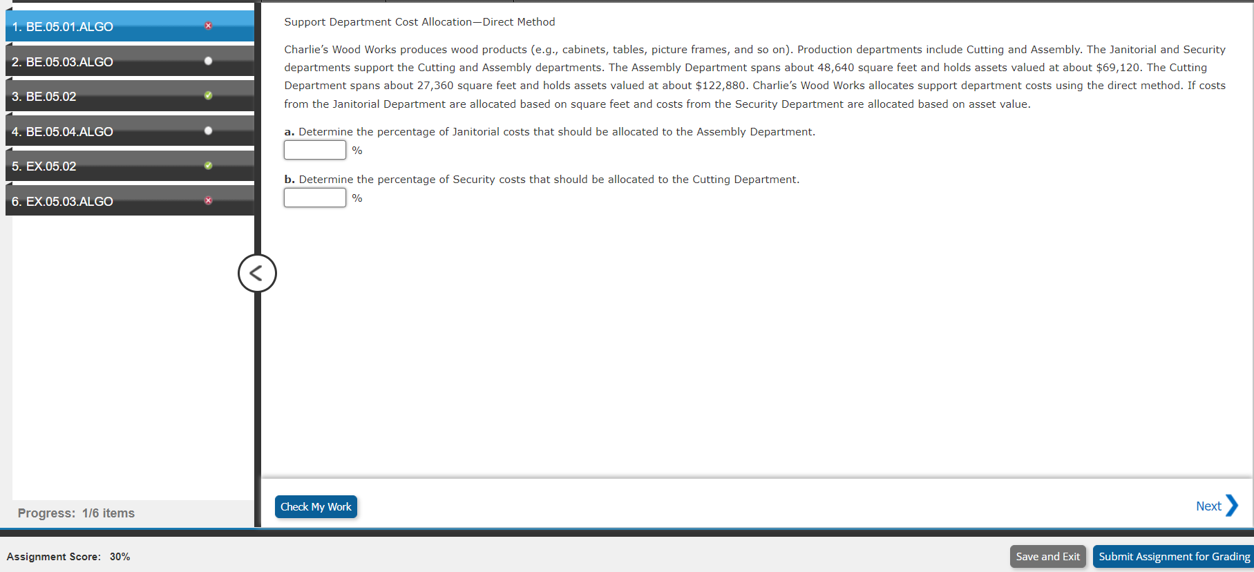  1. BE.05.01.ALGO x Support Department Cost Allocation-Direct Method from the Janitorial