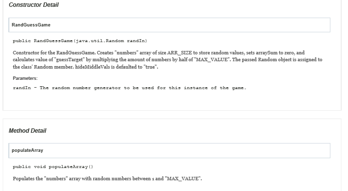 java.lang-Object Class for a simple, randomized guessing game. Five integer values between