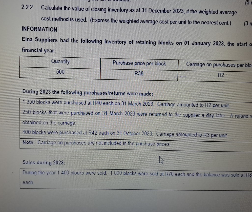  2.2.2 Calculate the value of closing inventory as at 31 December