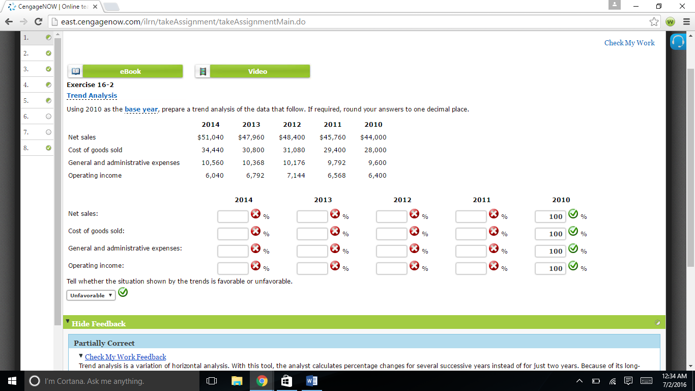 Exercise 16-2 Trend Analysis Using 2010 as the base year, prepare a