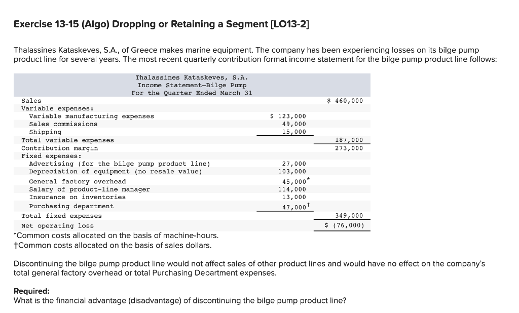  Exercise 13-15 (Algo) Dropping or Retaining a Segment [LO13-2] Thalassines Kataskeves,