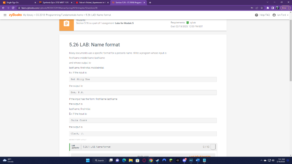 C++ Please 5.26 LAB: Name format Many cocuments use a seecific format