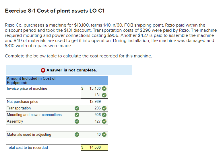 Rizio Co. purchases a machine for $13,100, terms 1/10, n/60, FOB shipping