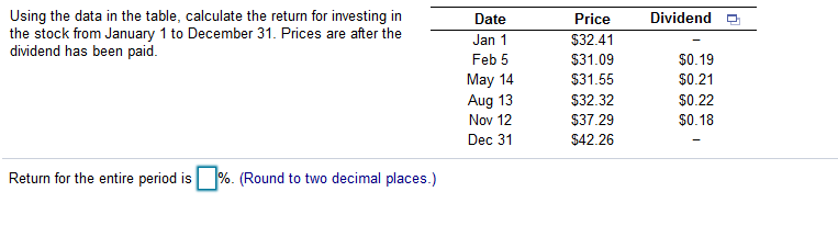  Dividende Using the data in the table, calculate the return for