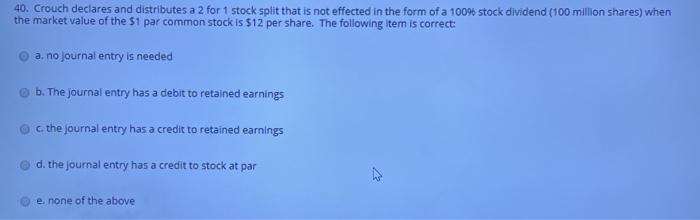  40. Crouch declares and distributes a 2 for 1 stock split