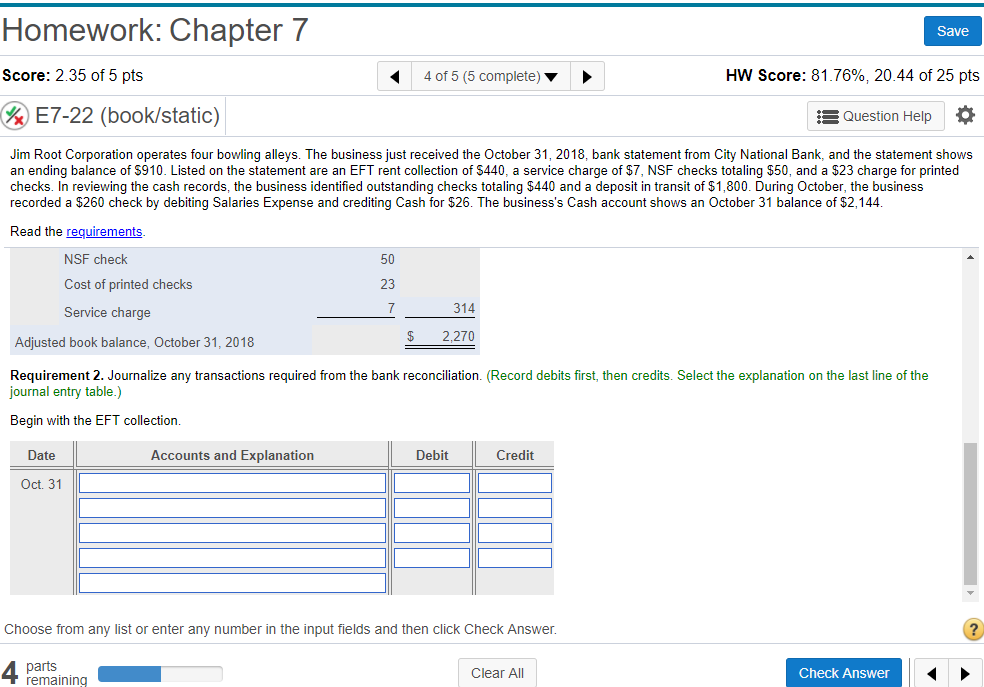  Homework: Chapter Score: 2.35 of 5 pts (%) E722 (book/static) Save