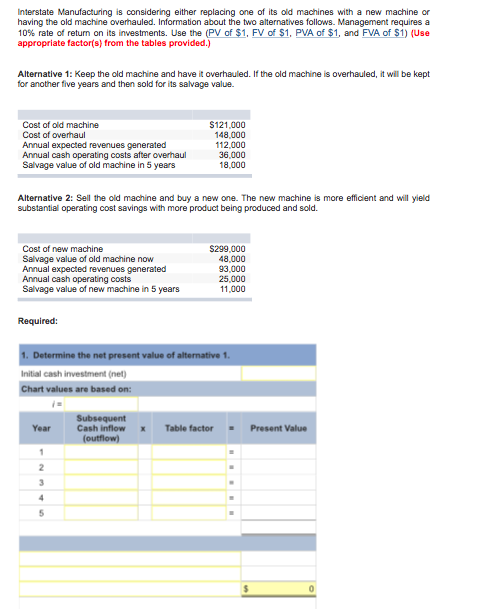 Interstate Manufacturing is considering either replacing one of its old machines