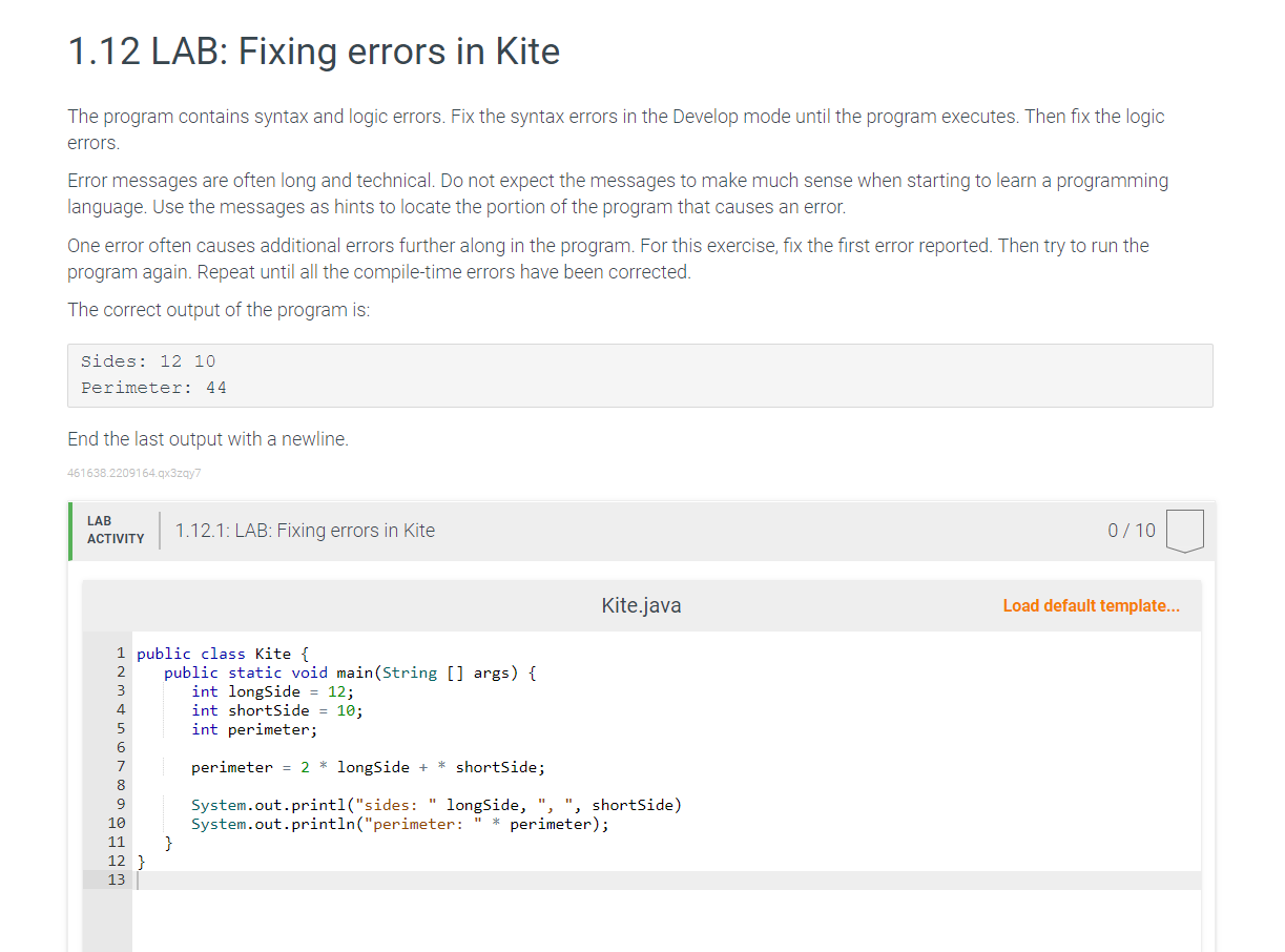 in java please 1.12 LAB: Fixing errors in Kite The program contains