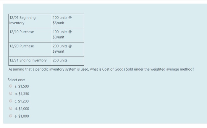  12/01 Beginning Inventory 100 units @ $6/unit 12/10 Purchase 100 units