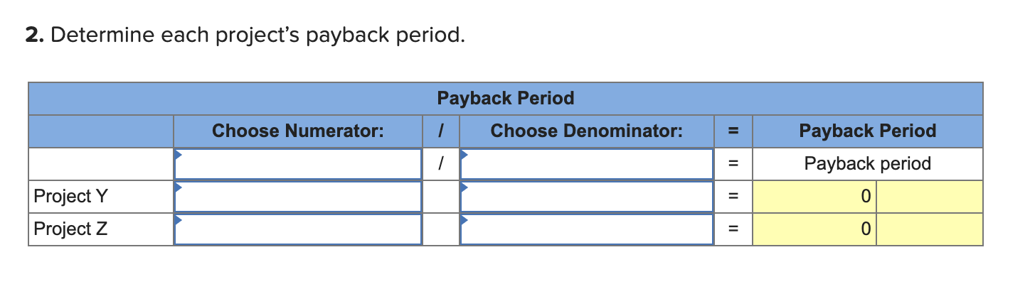 period. Choose Numerator: Payback Period / Choose Denominator: 1 II Payback Period