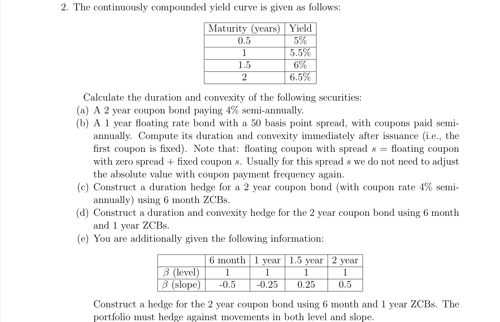  The continuously compounded yield curve is given as follows: \table[[Maturity (years),Yield],[0.5,5%