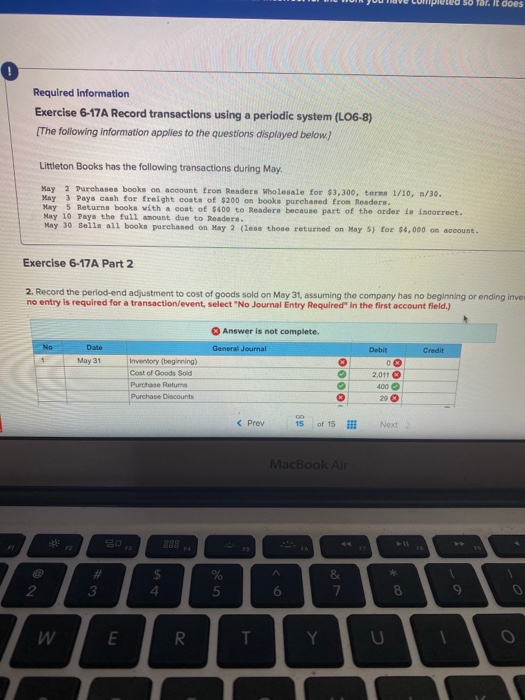  so rar. it does 0 Required information Exercise 6-17A Record transactions