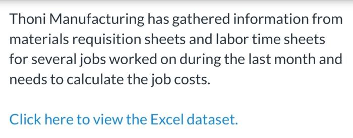  Thoni Manufacturing has gathered information from materials requisition sheets and labor