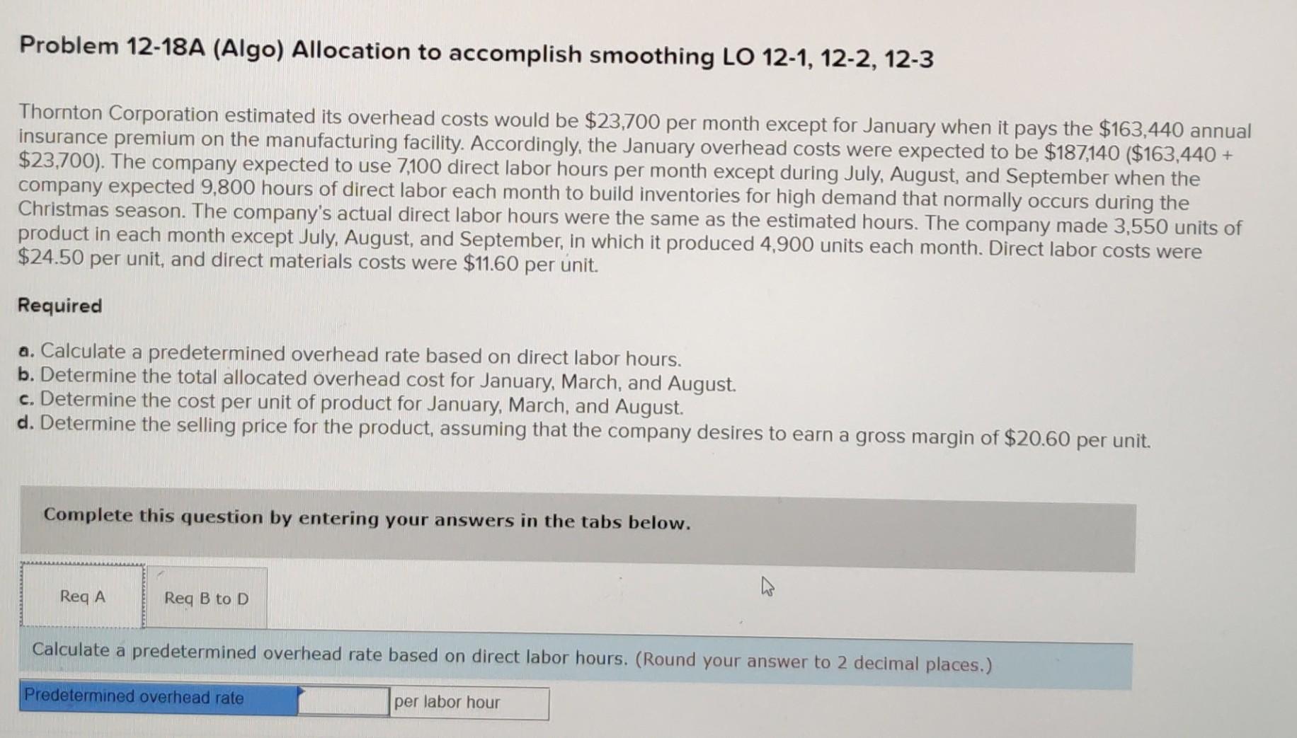 Problem 12-18A (Algo) Allocation to accomplish smoothing LO 12-1, 12-2, 12-3
